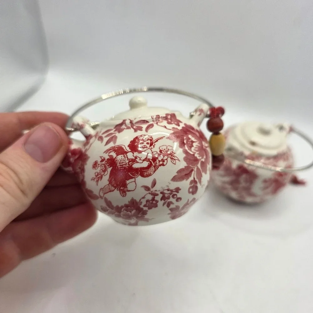 Vintage Miniature Porcelain Teapot Ornaments Pair Red Cherub Floral Made in Chin